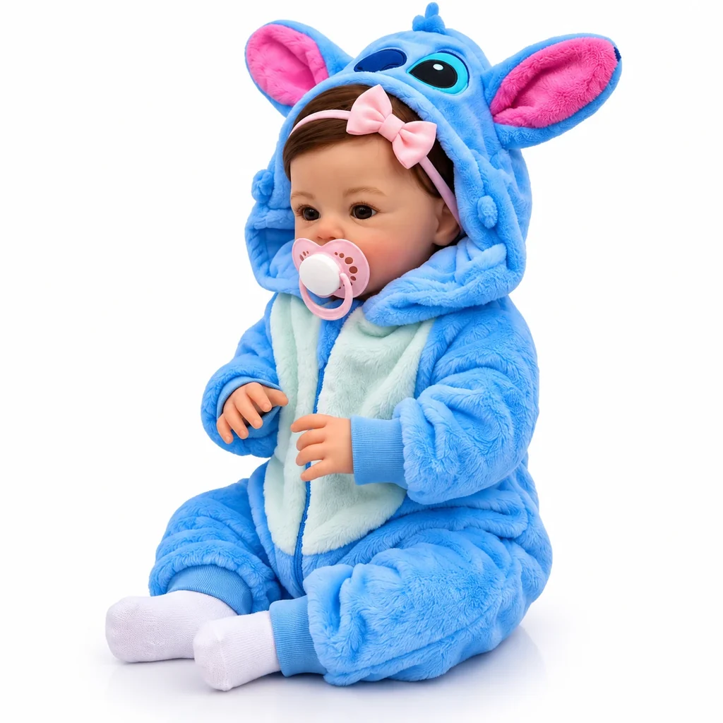 Bebê Reborn Stitch com Macacão de Pelúcia + Kit com 7 Acessórios