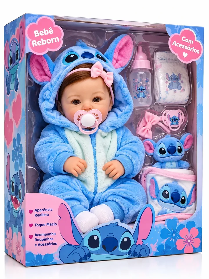 Bebê Reborn Stitch - caixa com acessórios