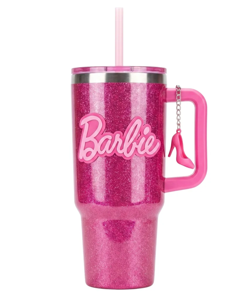 Copo Térmico Barbie Glitter Rosa com Canudo, Alça e Chaveiro de Salto