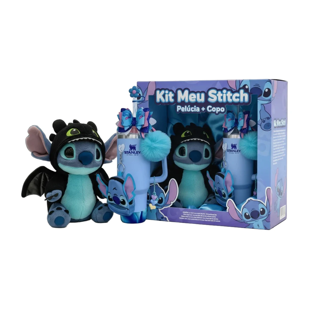 Kit Meu Stitch - Pelúcia Stitch Banguela + Copo Térmico com Laço e Chaveiro