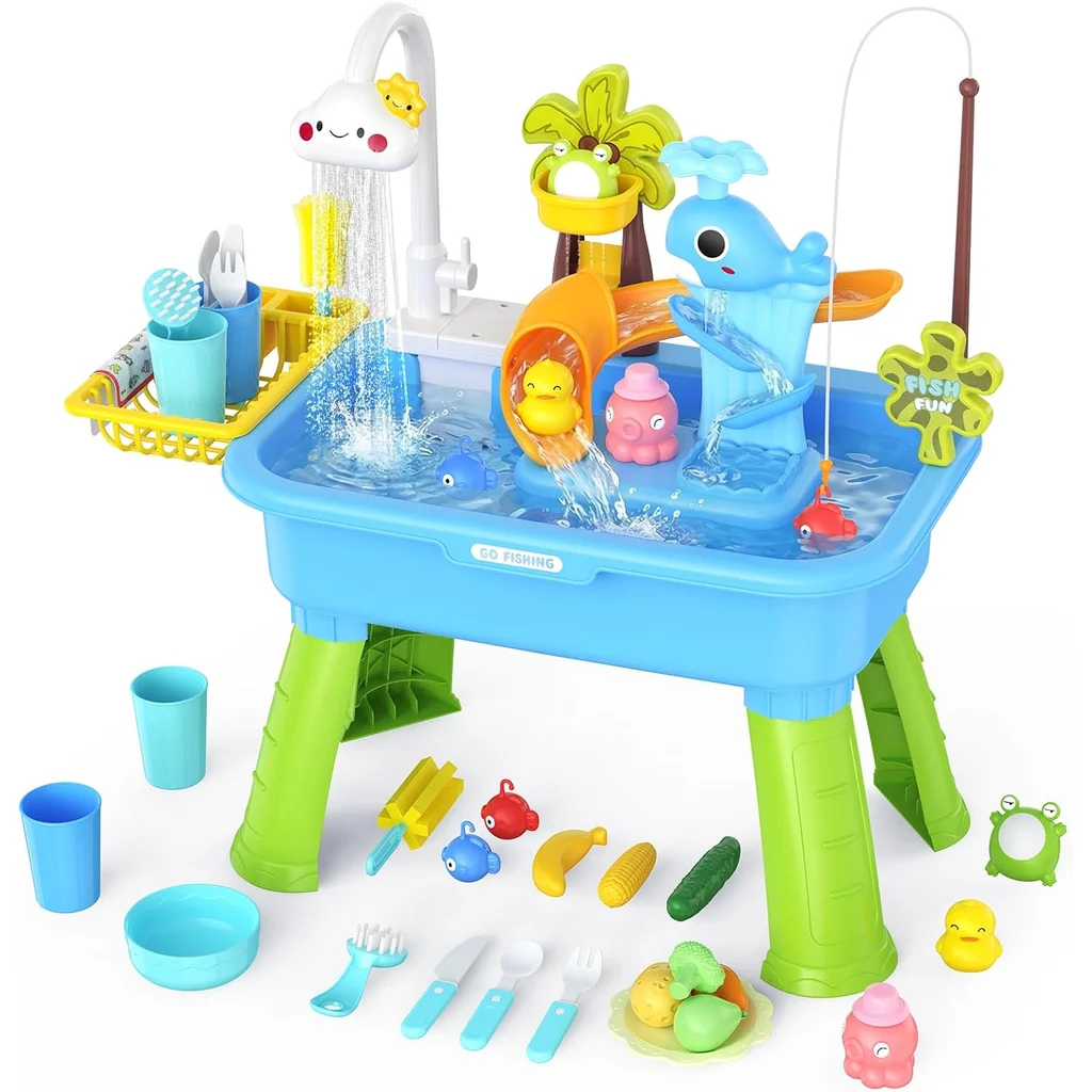 Pia de Brinquedo Mesa de Água Baleia 43 Peças - Cozinha com Torneira que Sai Água e Pescaria